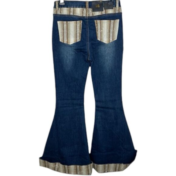 Dark Wash Flare Jeans | Aztec Print Cuffed Hem | High Rise Stretch | L&B | NWT - Picture 8 of 12